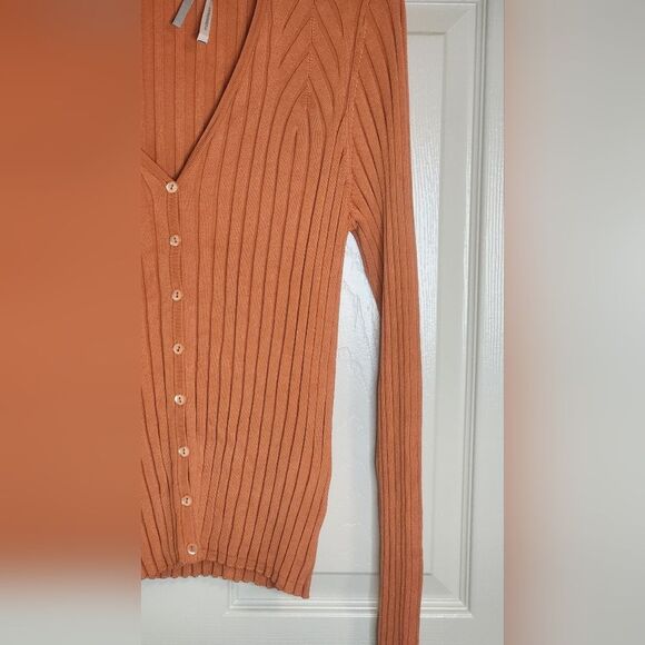 Classiques Entier L Orange Lslv Knit Ribbed SILK Blend Buttons Up Women Cardigan - Picture 2 of 6